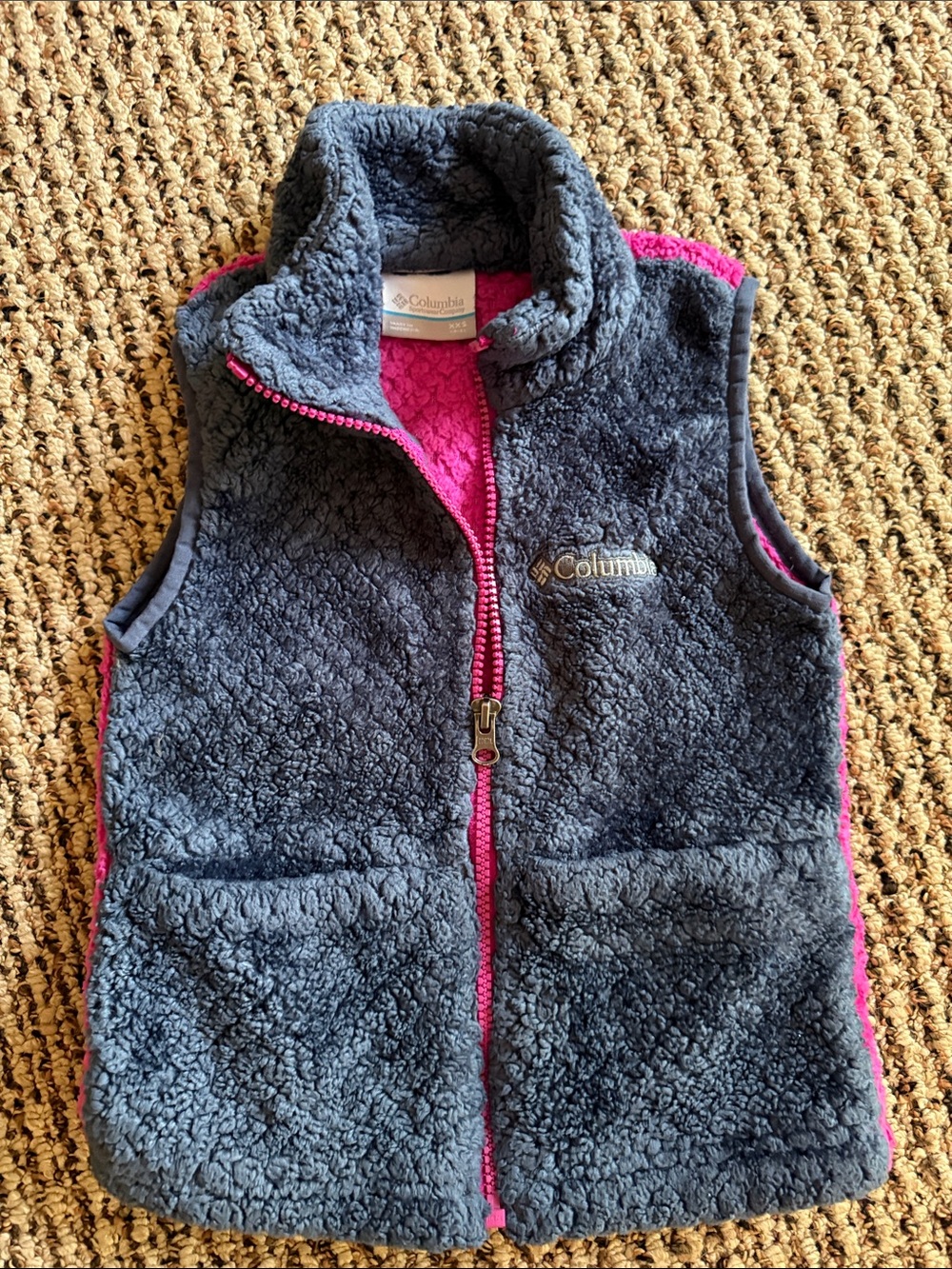 Columbia Girls Gray/blue Heathered Sherpa Vest with Pink Trim,size 4-5